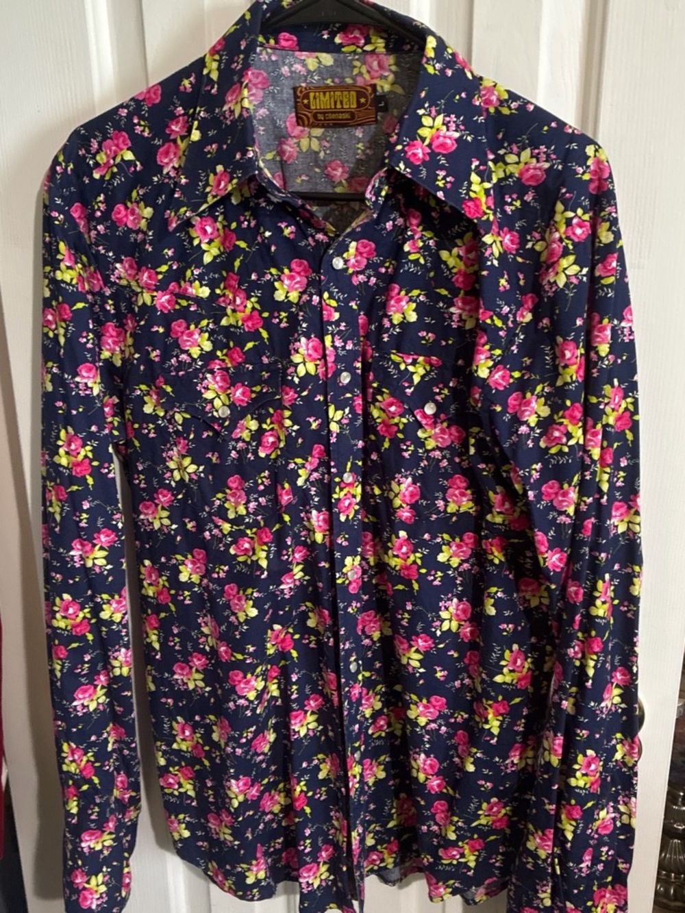 The Limited Men’s Navy Snap Button Western Shirt with Pink & Green Floral Print